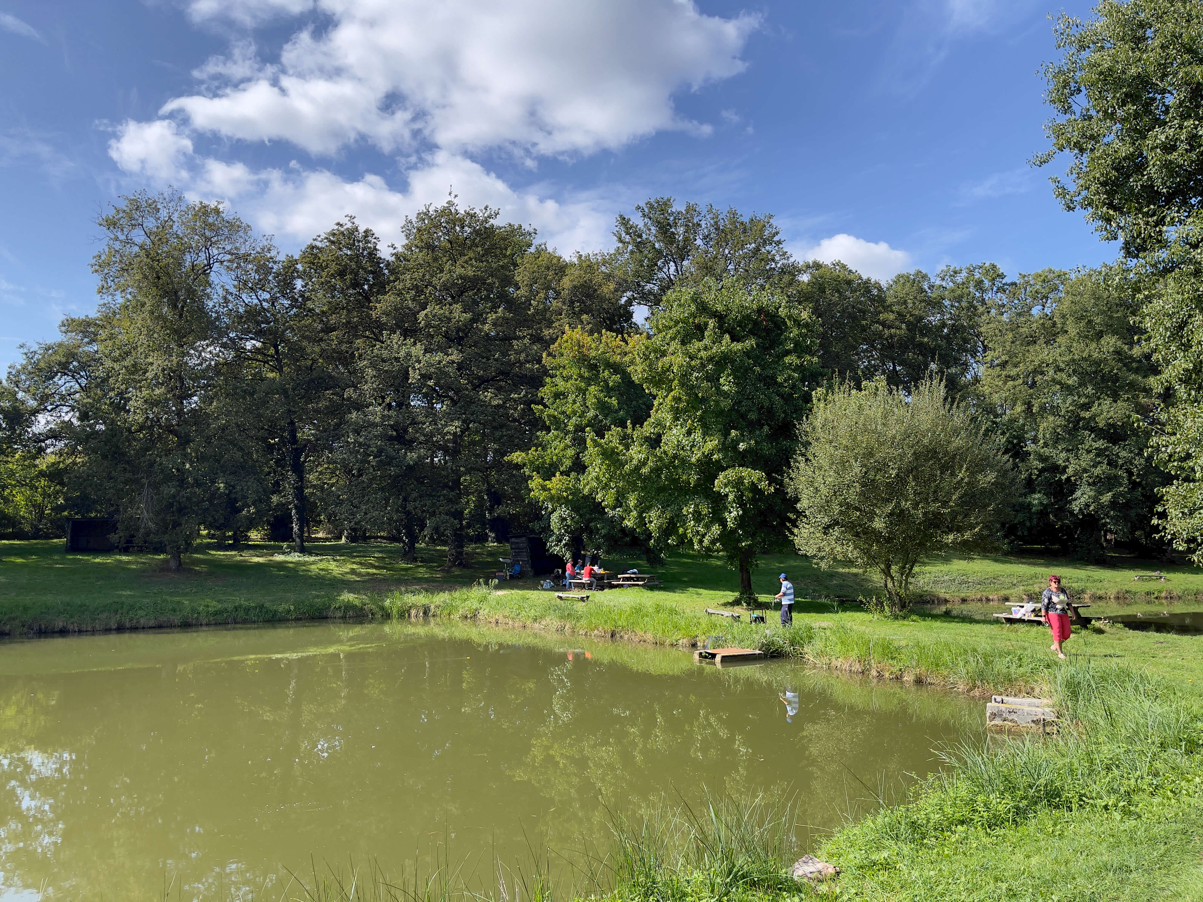 Quelques pêcheurs au bord d'un étang, il fait beau